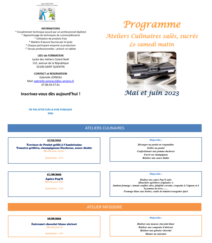 Atelier culinaire de Mai et Juin 2023 au GRETA Aisne