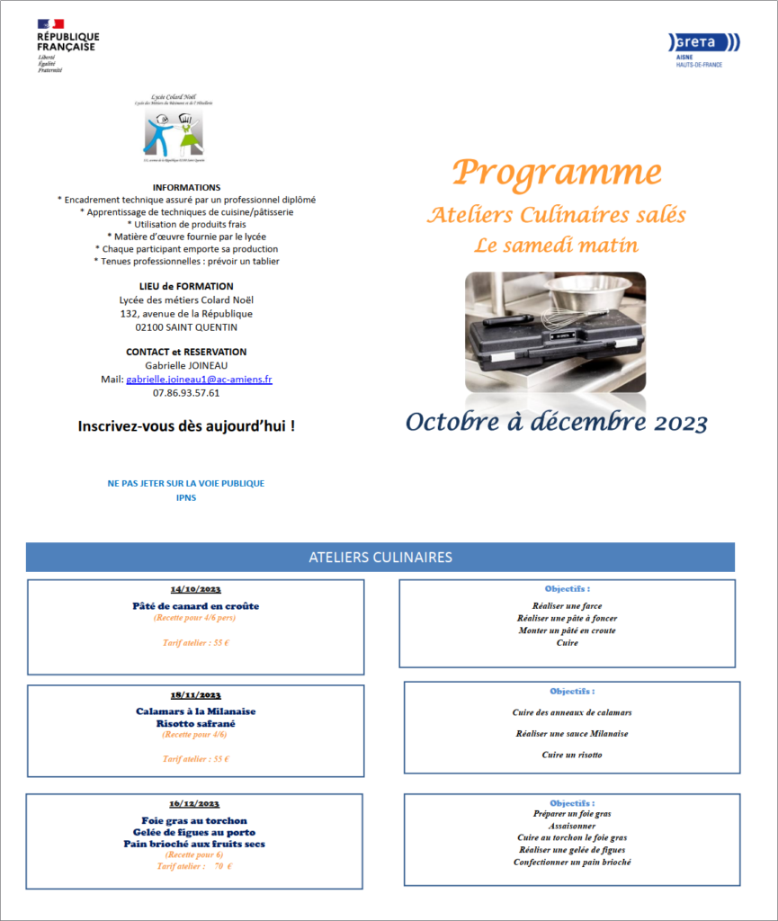 Atelier culinaire de Octobre a Decembre 2023 au GRETA Aisne