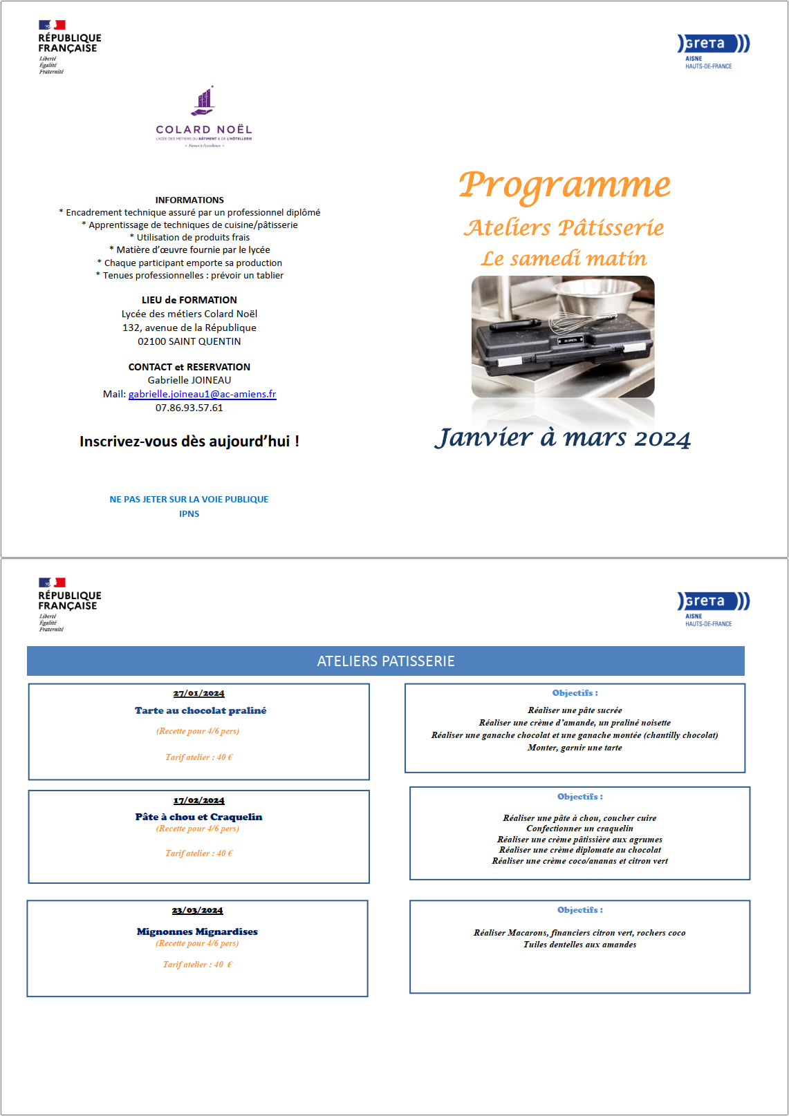 Atelier culinaire du GRETA Aisne Janvier à Mars 2023