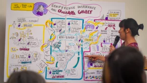 Facilitatrice graphique avec sa frise réalisée pendant l'événement